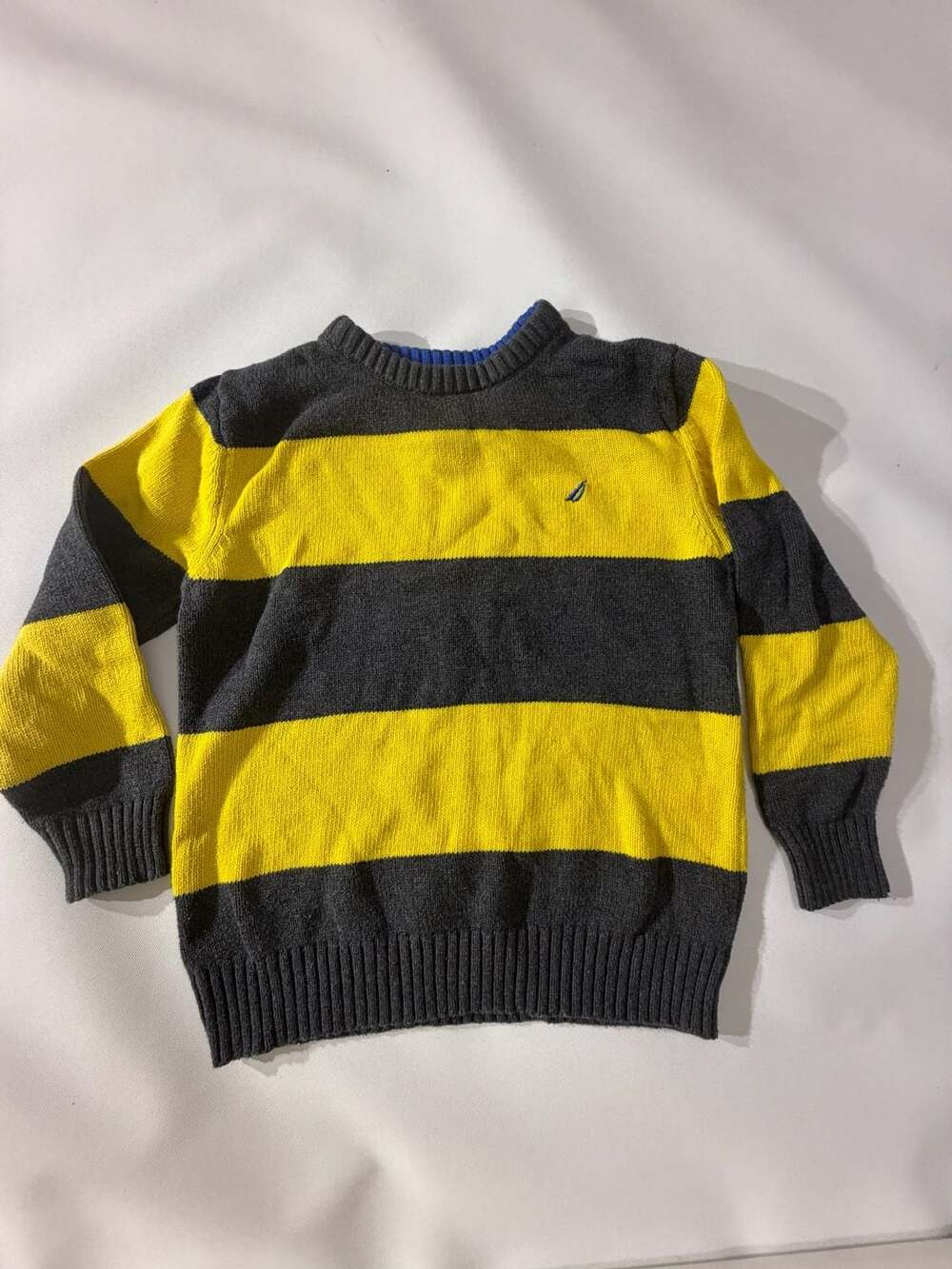 Nautica Boys Yellow Grey Striped Crewneck Knit Sweater Size M (5/6)